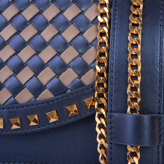 The Dosso Navy Blue and Beige Handwoven Leather Handbag Exclusive Style