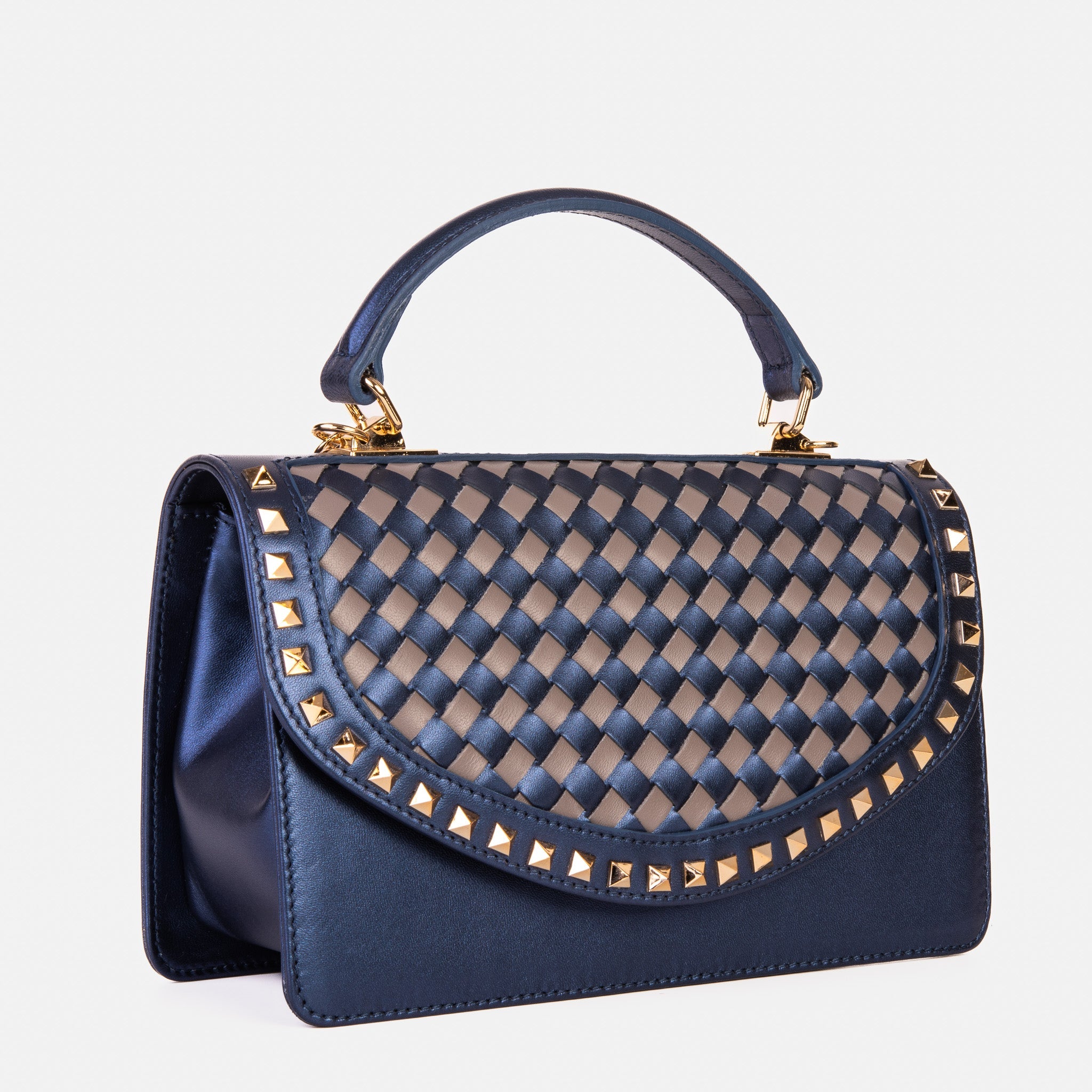 The Dosso Navy Blue and Beige Handwoven Leather Handbag Exclusive Style