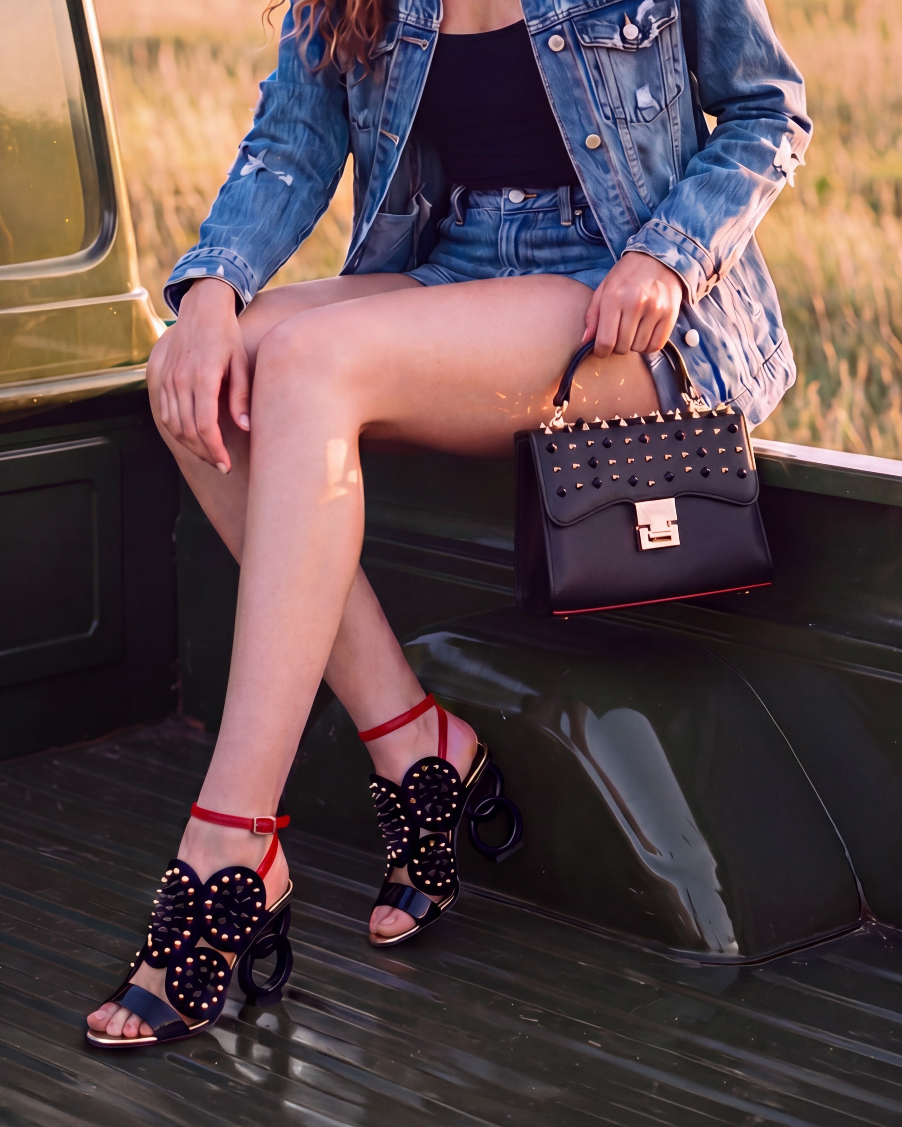 The Infanta Black Spike Leather Ankle Strap Sandal On Sale