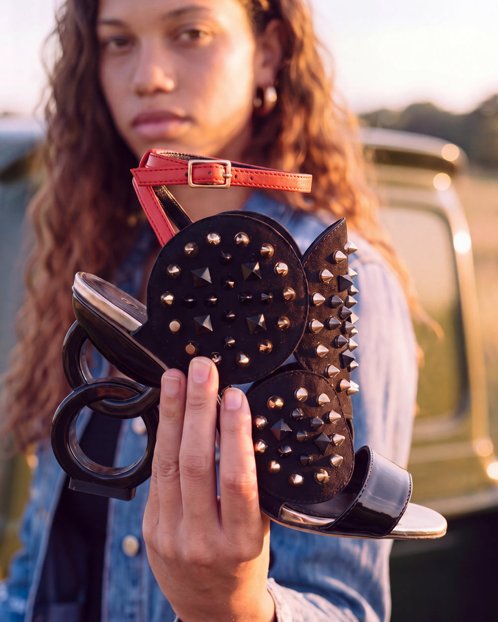 The Infanta Black Spike Leather Ankle Strap Sandal On Sale