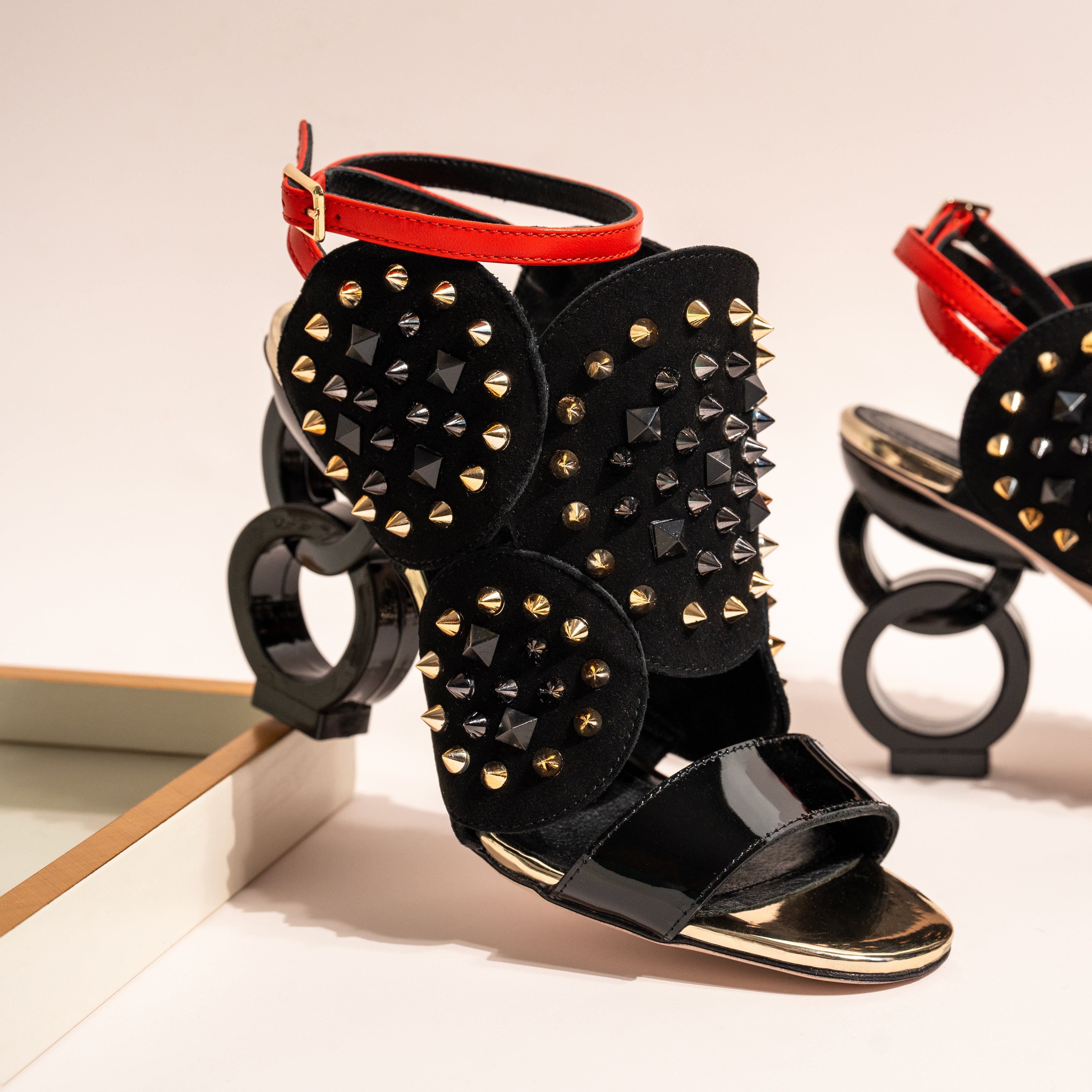 The Infanta Black Spike Leather Ankle Strap Sandal On Sale