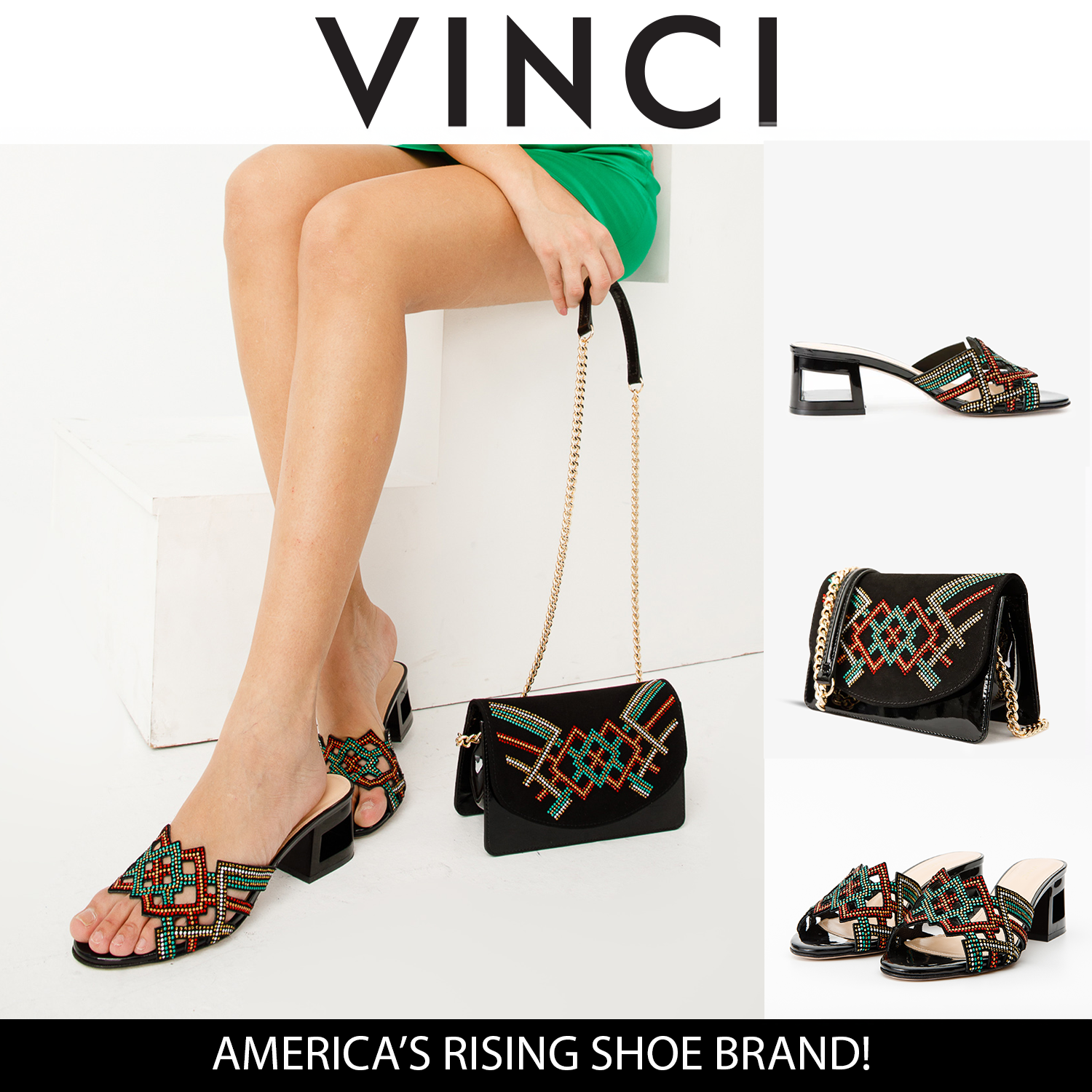 The Palma Black Glitter Leather Block Heel Sandal Universal Fit