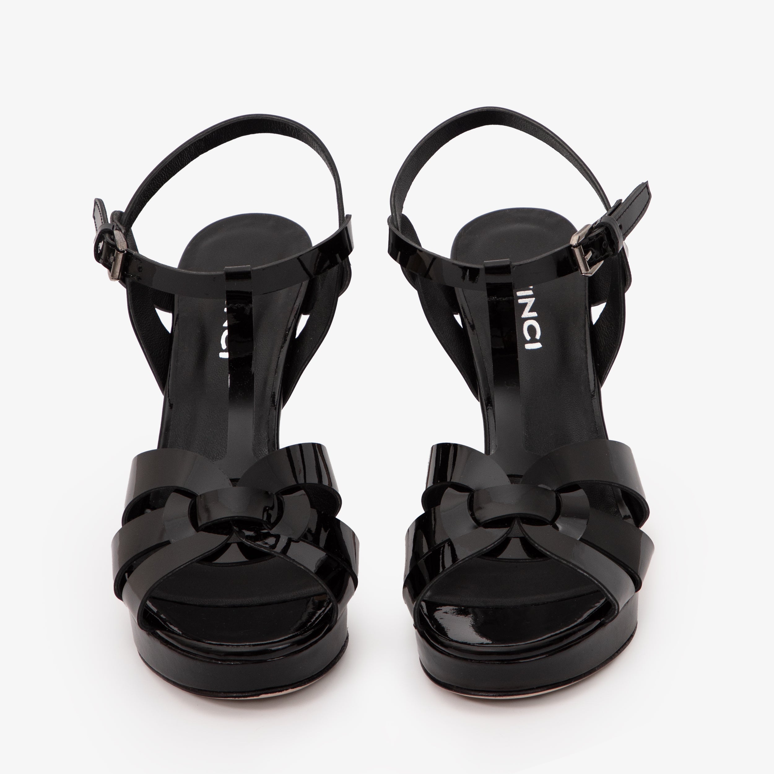 The Parisian Black Patent Leather T-Strap Platform Heel Sandal For Sale