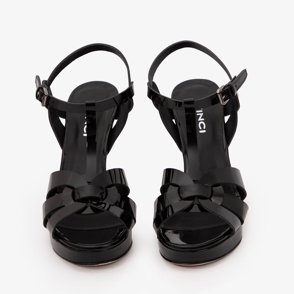 The Parisian Black Patent Leather T-Strap Platform Heel Sandal For Sale