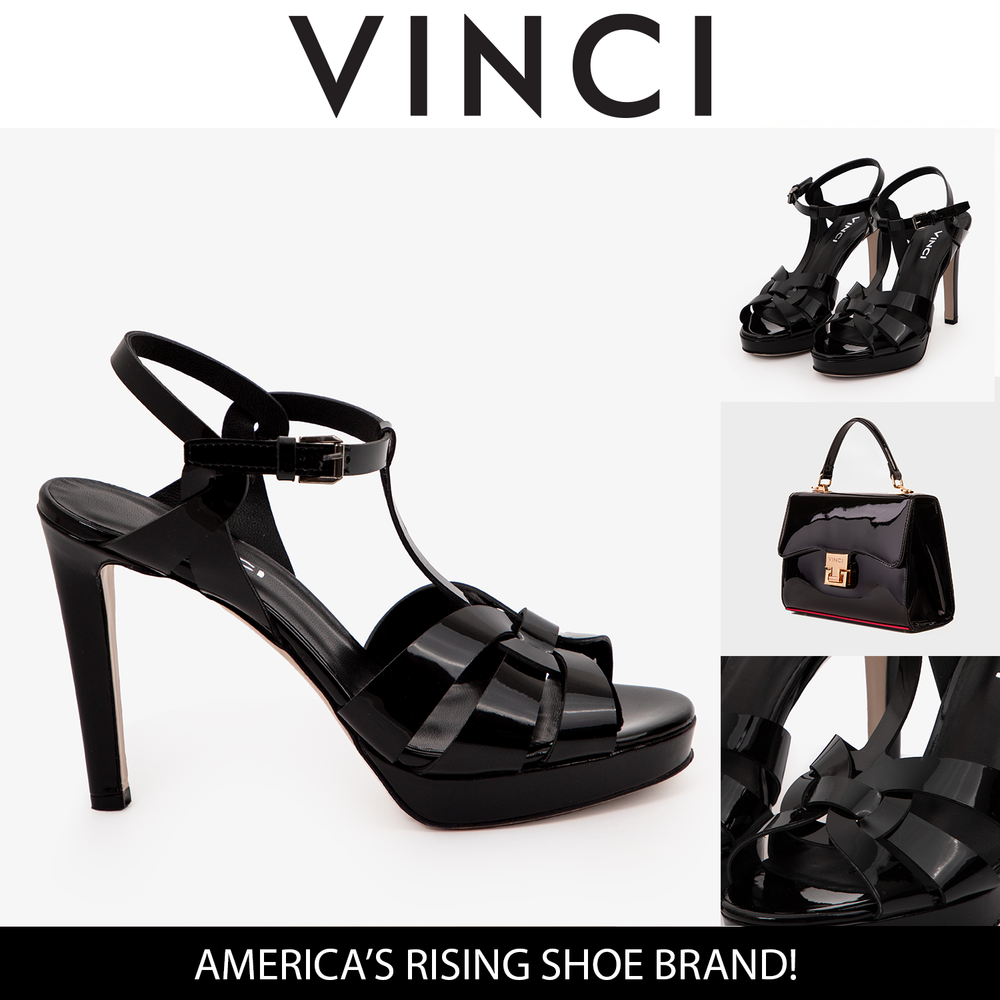 The Parisian Black Patent Leather T-Strap Platform Heel Sandal For Sale