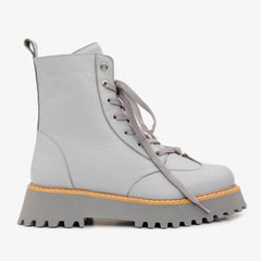 The Yildiz Grey Leather Lace-Up Ankle Boot With a Side Zipper Fine Craftsmanship