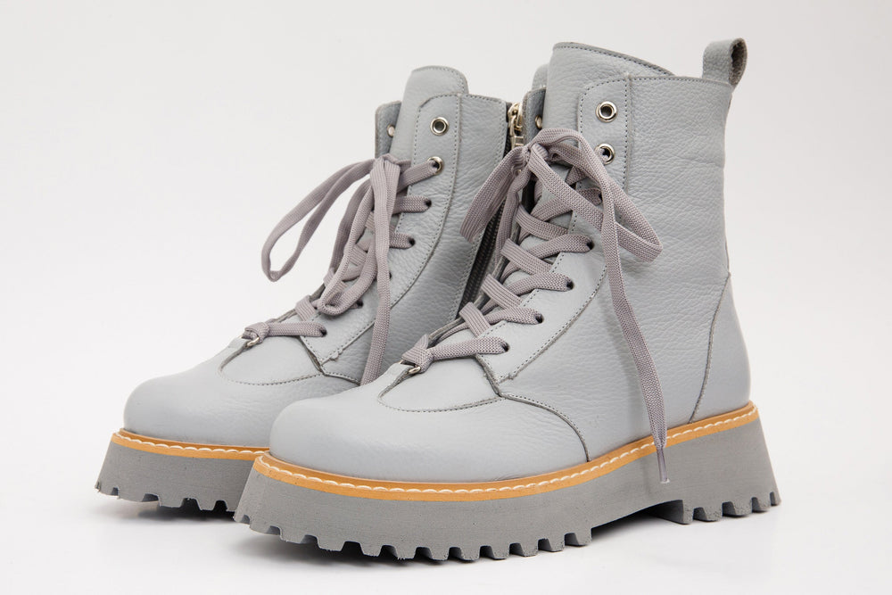 The Yildiz Grey Leather Lace-Up Ankle Boot With a Side Zipper Fine Craftsmanship