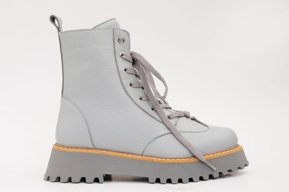 The Yildiz Grey Leather Lace-Up Ankle Boot With a Side Zipper Fine Craftsmanship