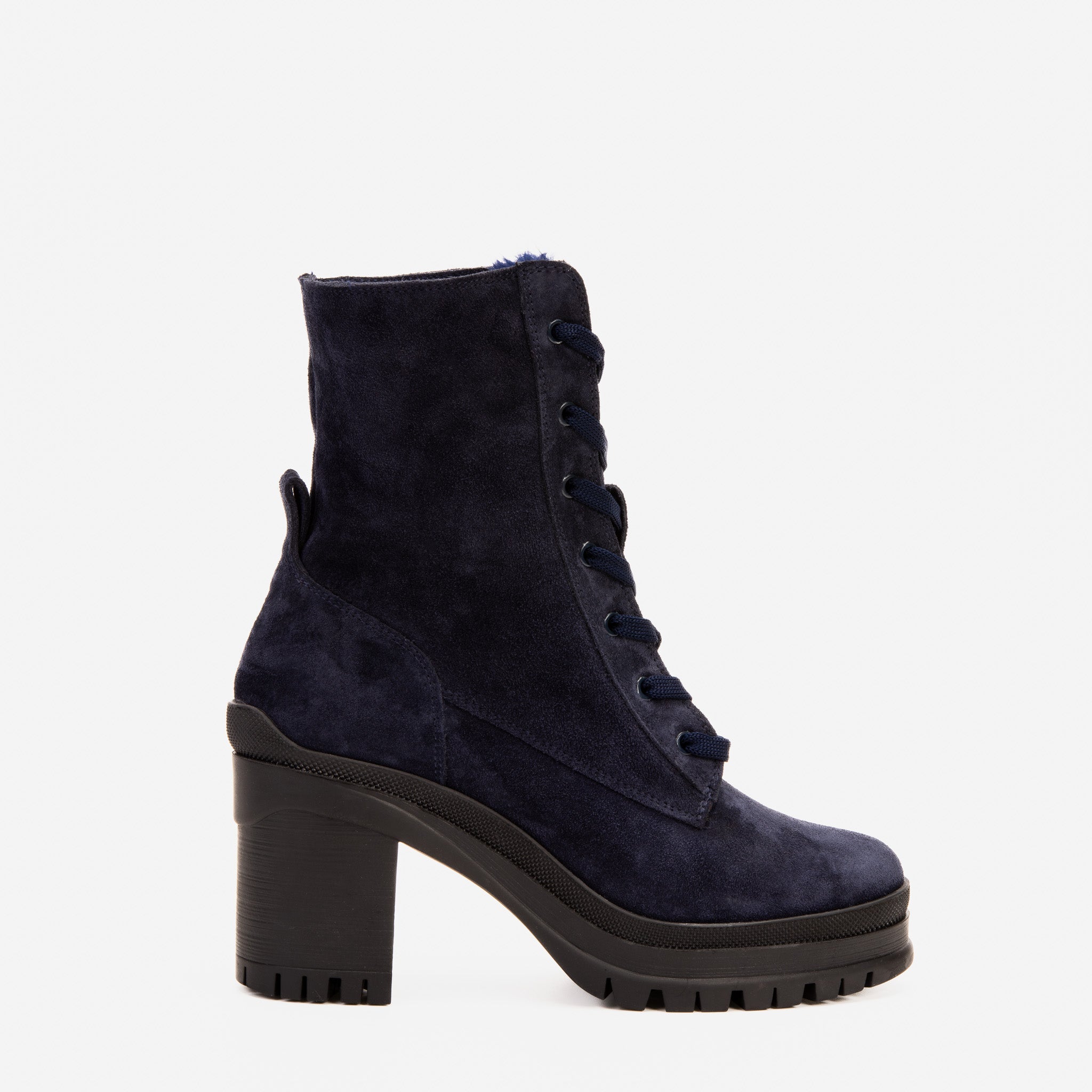 The Elera Navy Blue Leather Block Heel Boot For Sale