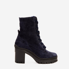 The Elera Navy Blue Leather Block Heel Boot For Sale