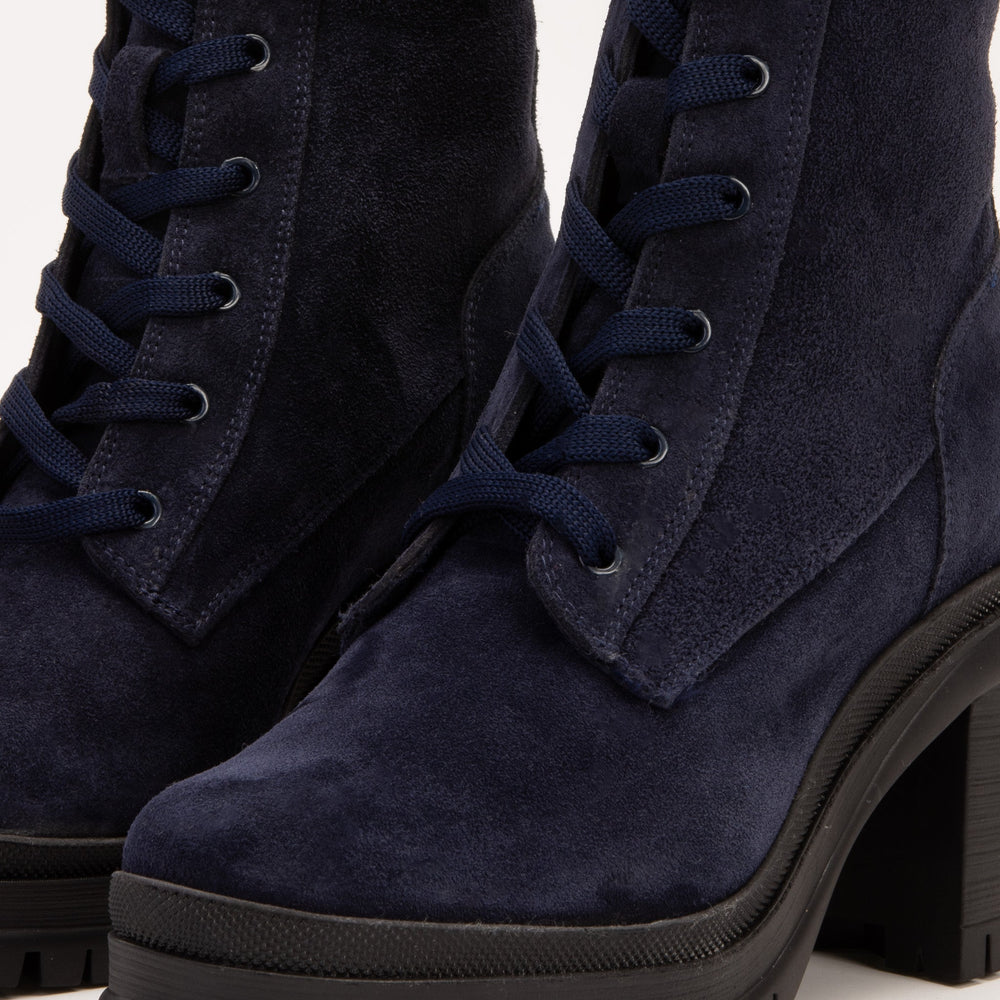 The Elera Navy Blue Leather Block Heel Boot For Sale