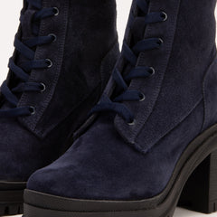 The Elera Navy Blue Leather Block Heel Boot For Sale