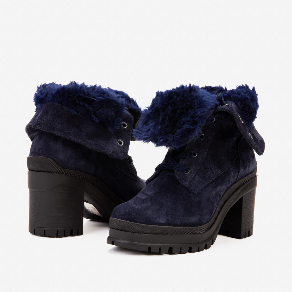 The Elera Navy Blue Leather Block Heel Boot For Sale