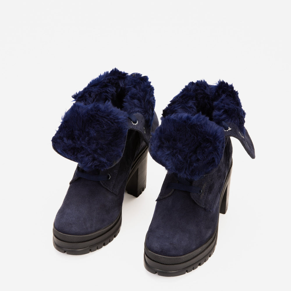 The Elera Navy Blue Leather Block Heel Boot For Sale