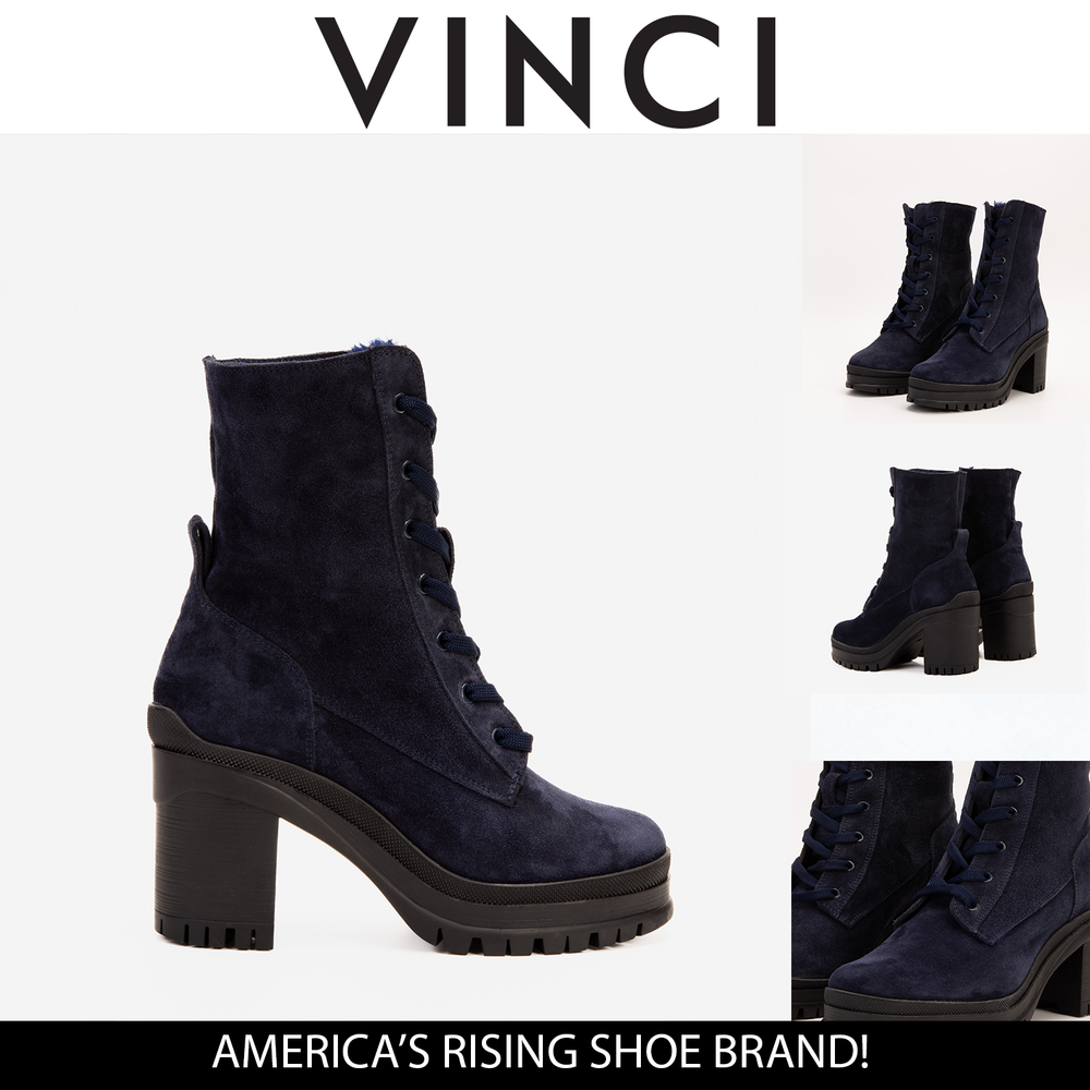The Elera Navy Blue Leather Block Heel Boot For Sale