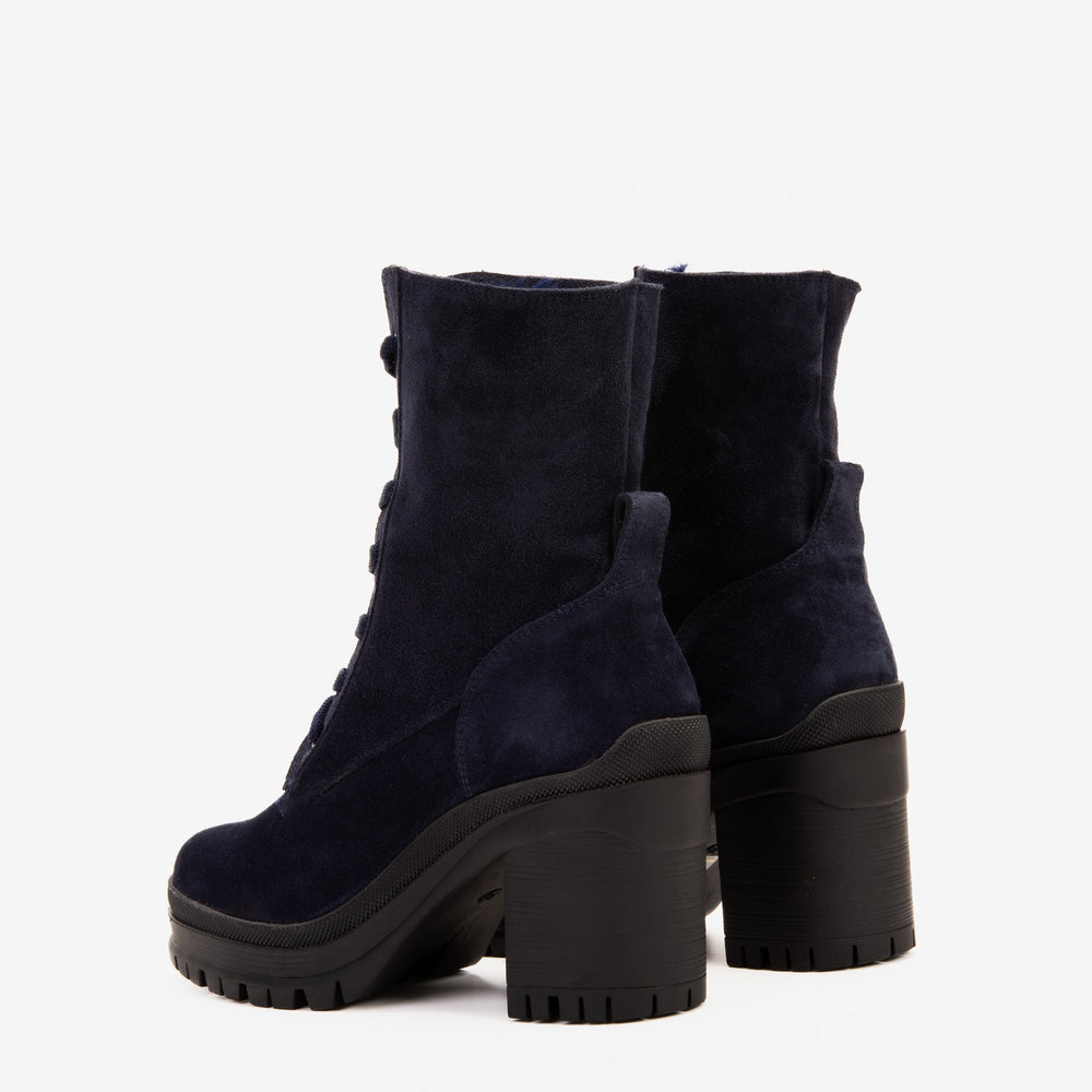 The Elera Navy Blue Leather Block Heel Boot For Sale