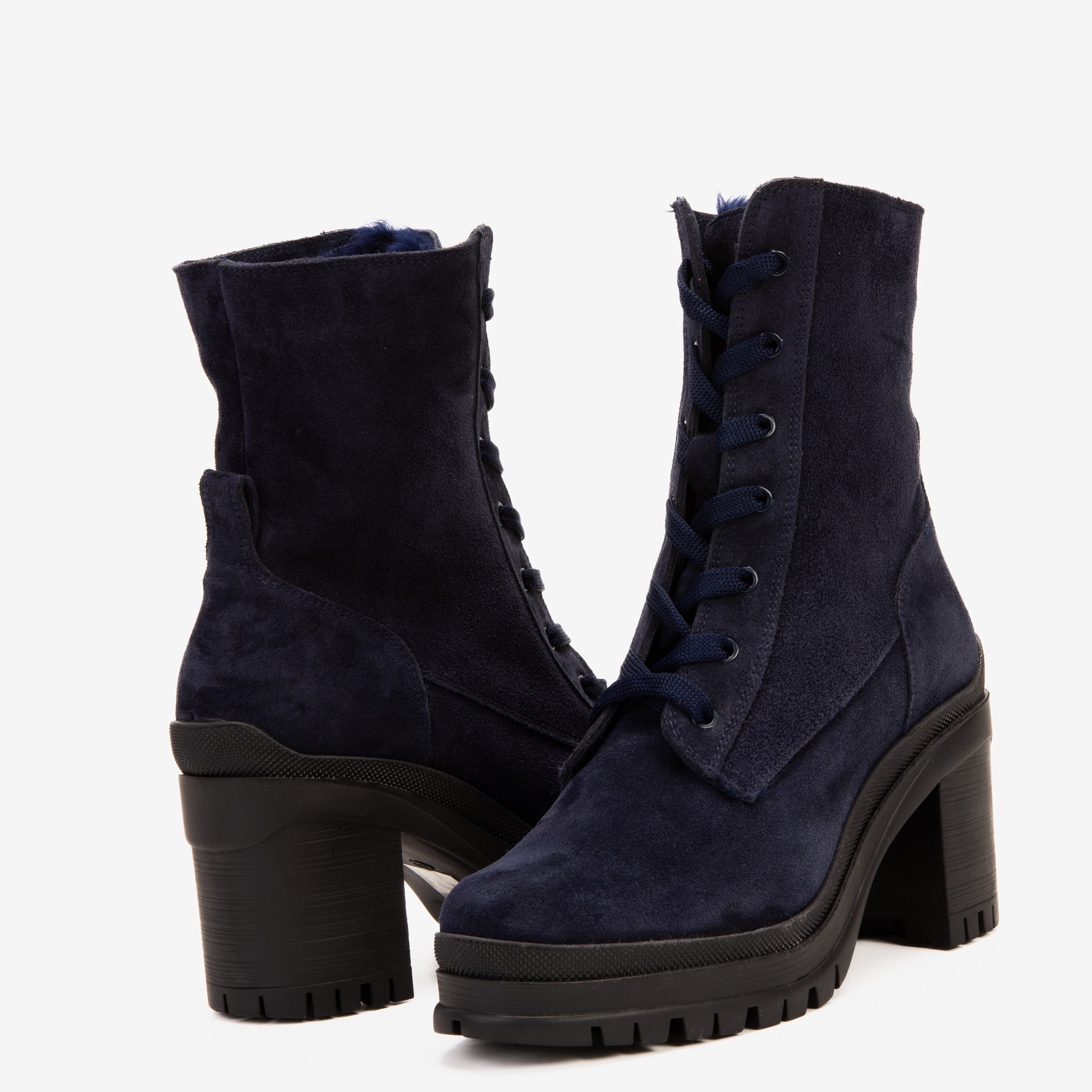 The Elera Navy Blue Leather Block Heel Boot For Sale