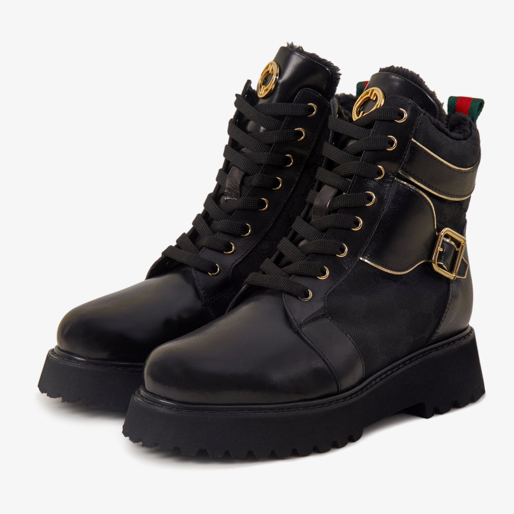 The Boston Black Leather Lace-Up Ankle Boot With a Side Zipper All New