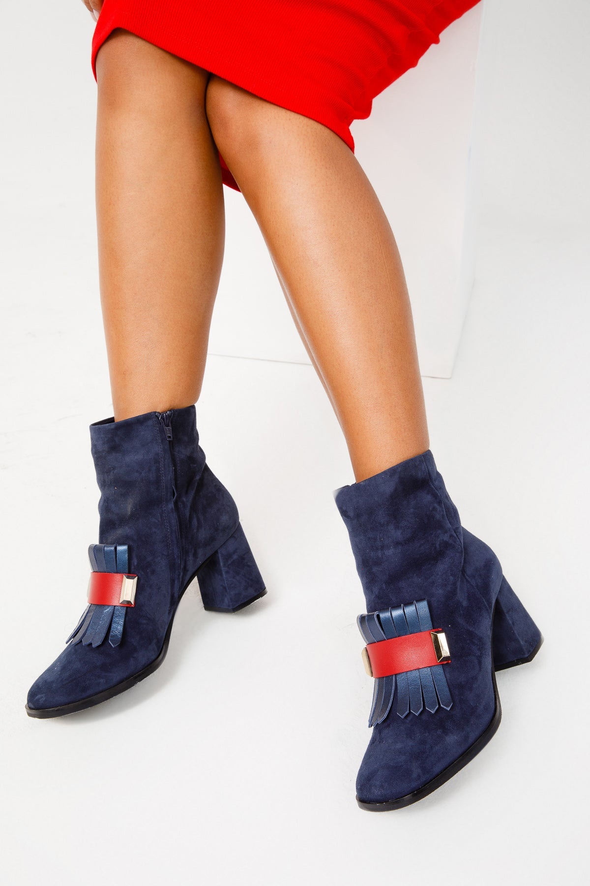 The Luksor Navy Blue Suede Leather Block Heel Boot Fine Craftsmanship