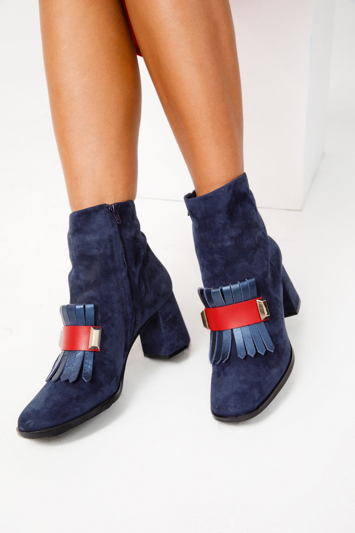 The Luksor Navy Blue Suede Leather Block Heel Boot Fine Craftsmanship