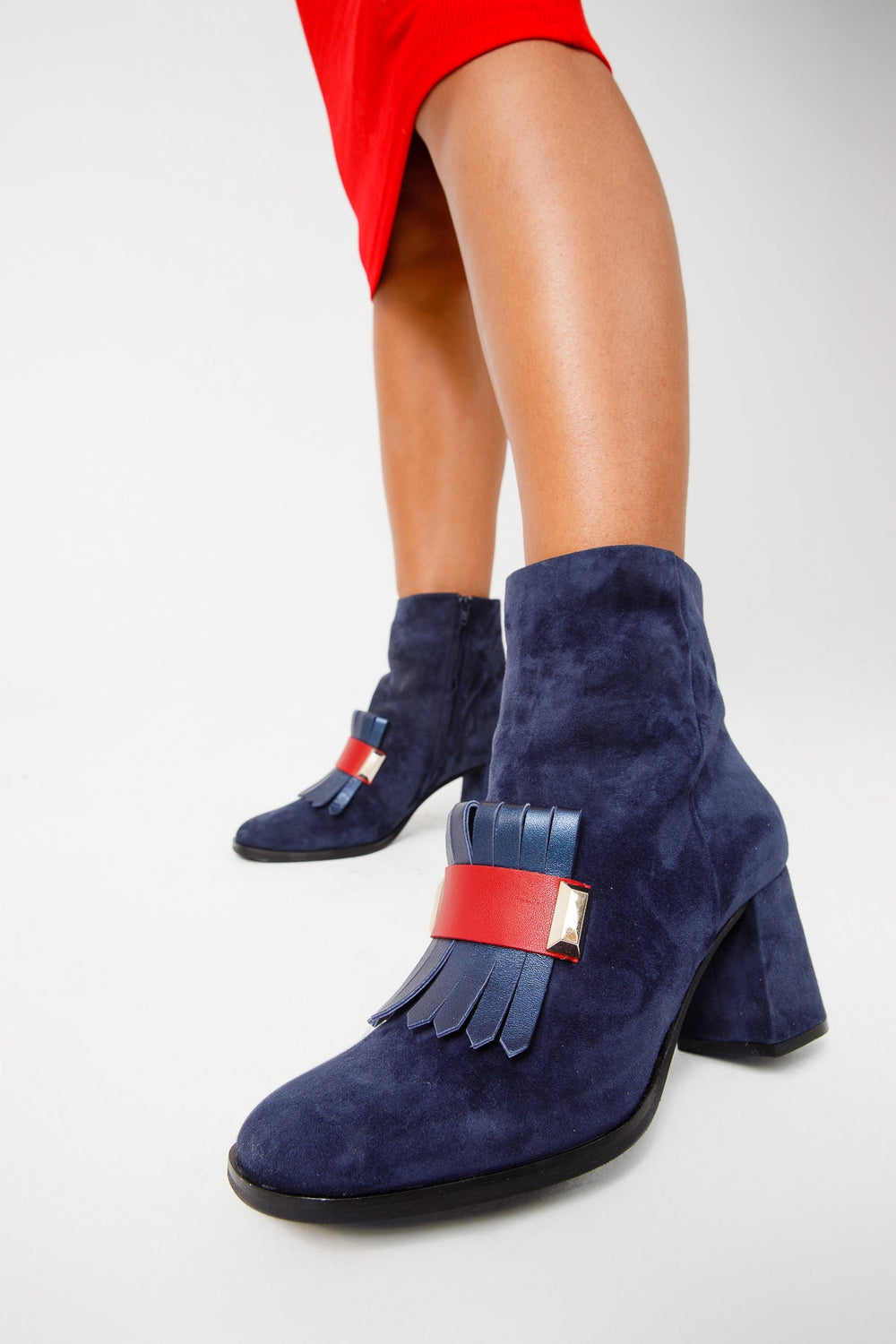 The Luksor Navy Blue Suede Leather Block Heel Boot Fine Craftsmanship