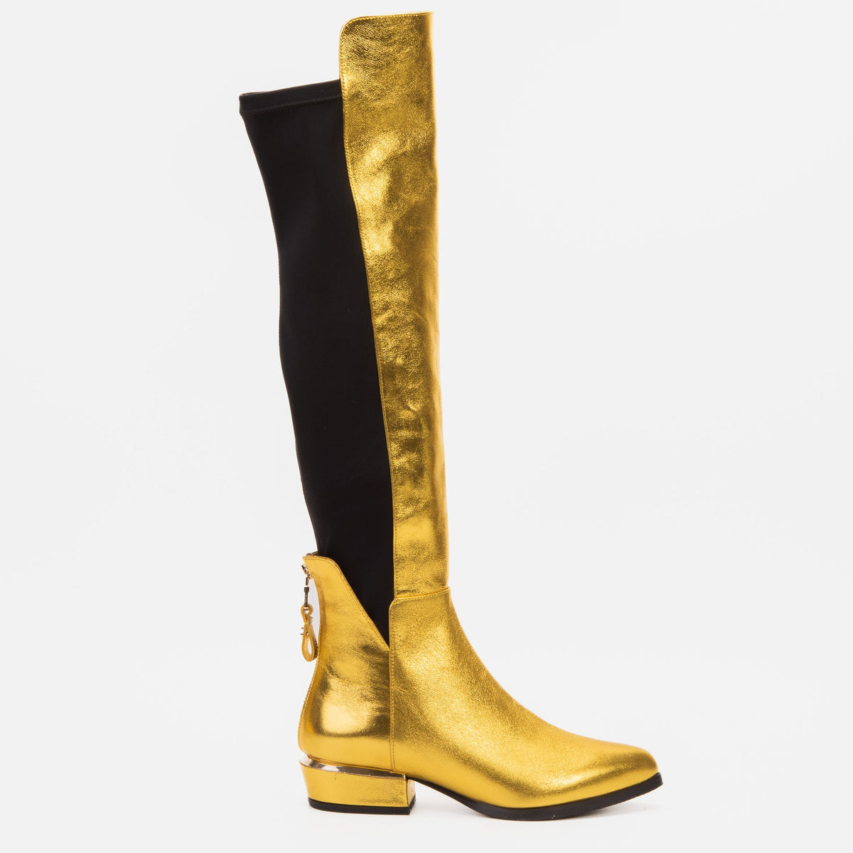 The Fairoks Gold Leather Pointy Toe Knee High Boot On Sale