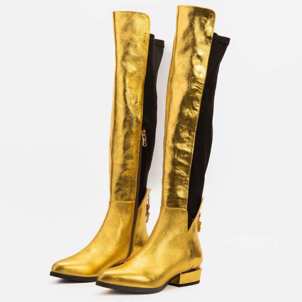 The Fairoks Gold Leather Pointy Toe Knee High Boot On Sale