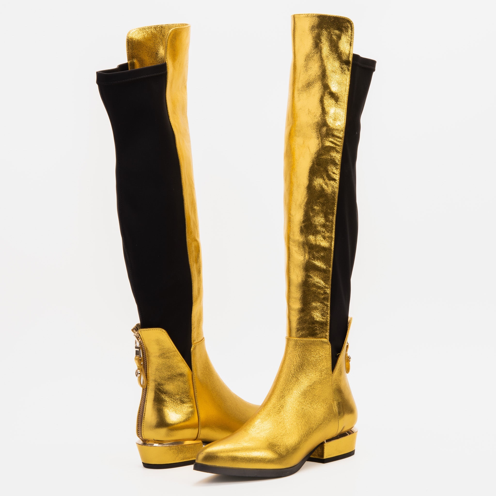 The Fairoks Gold Leather Pointy Toe Knee High Boot On Sale