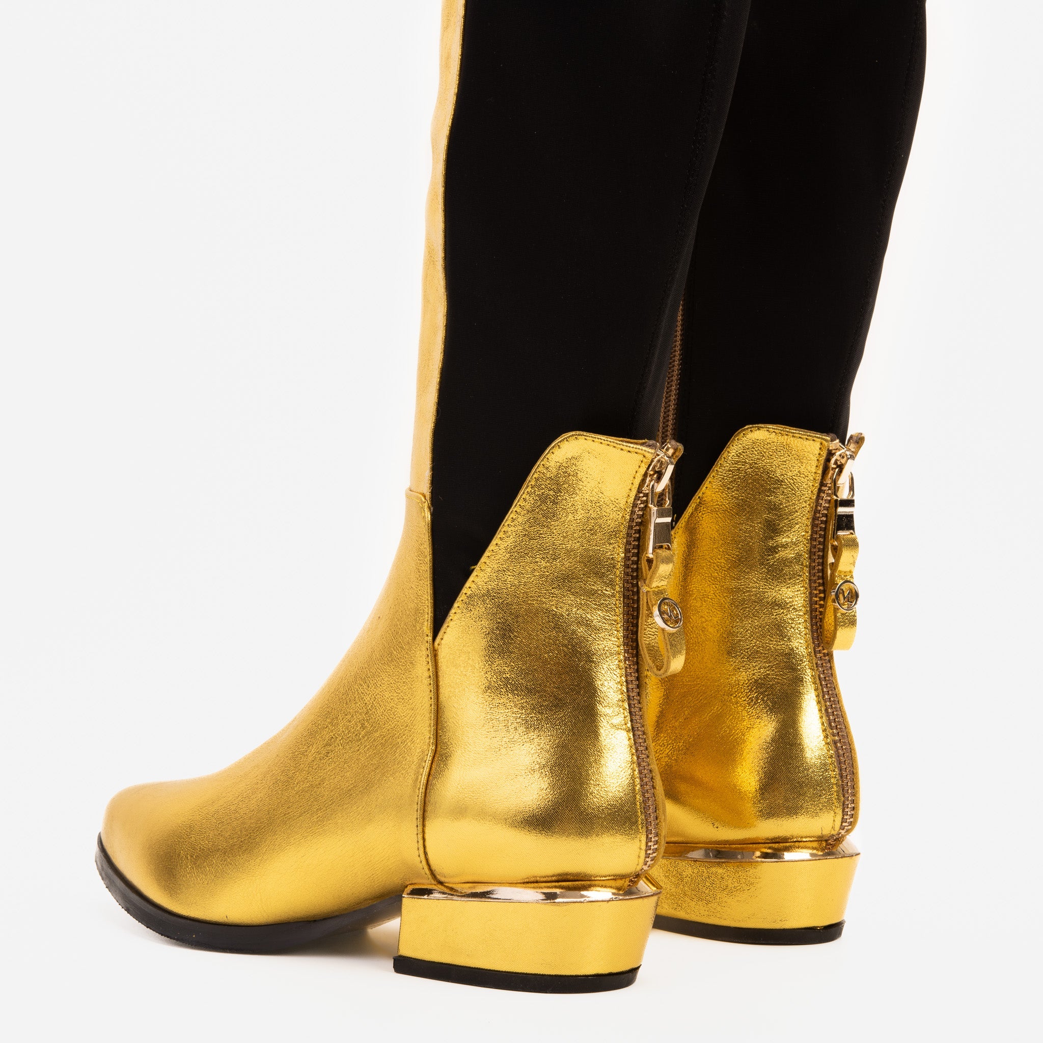 The Fairoks Gold Leather Pointy Toe Knee High Boot On Sale