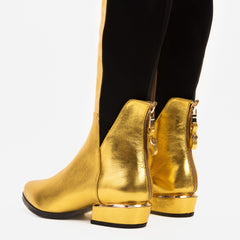 The Fairoks Gold Leather Pointy Toe Knee High Boot On Sale
