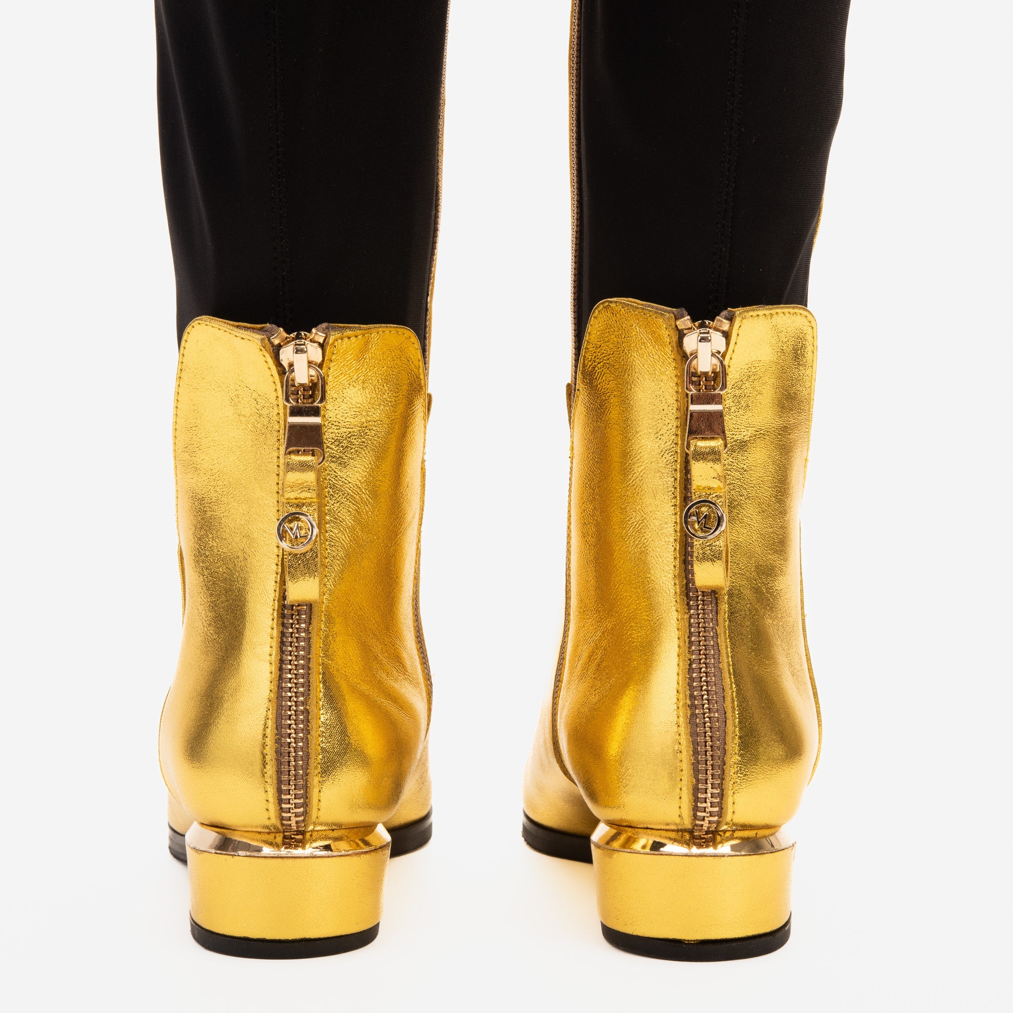 The Fairoks Gold Leather Pointy Toe Knee High Boot On Sale