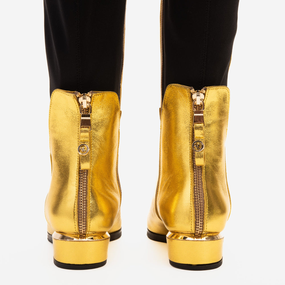 The Fairoks Gold Leather Pointy Toe Knee High Boot On Sale