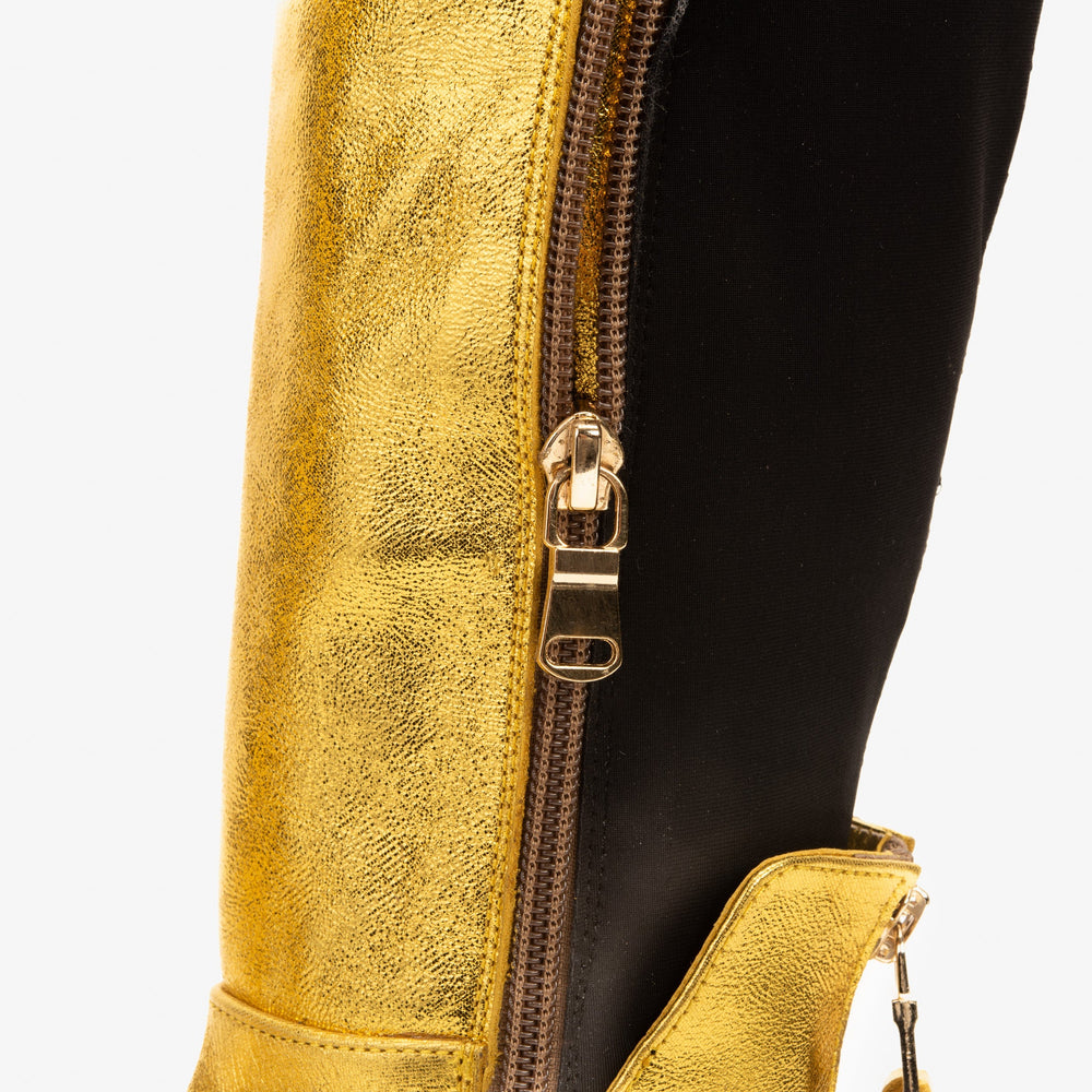 The Fairoks Gold Leather Pointy Toe Knee High Boot On Sale