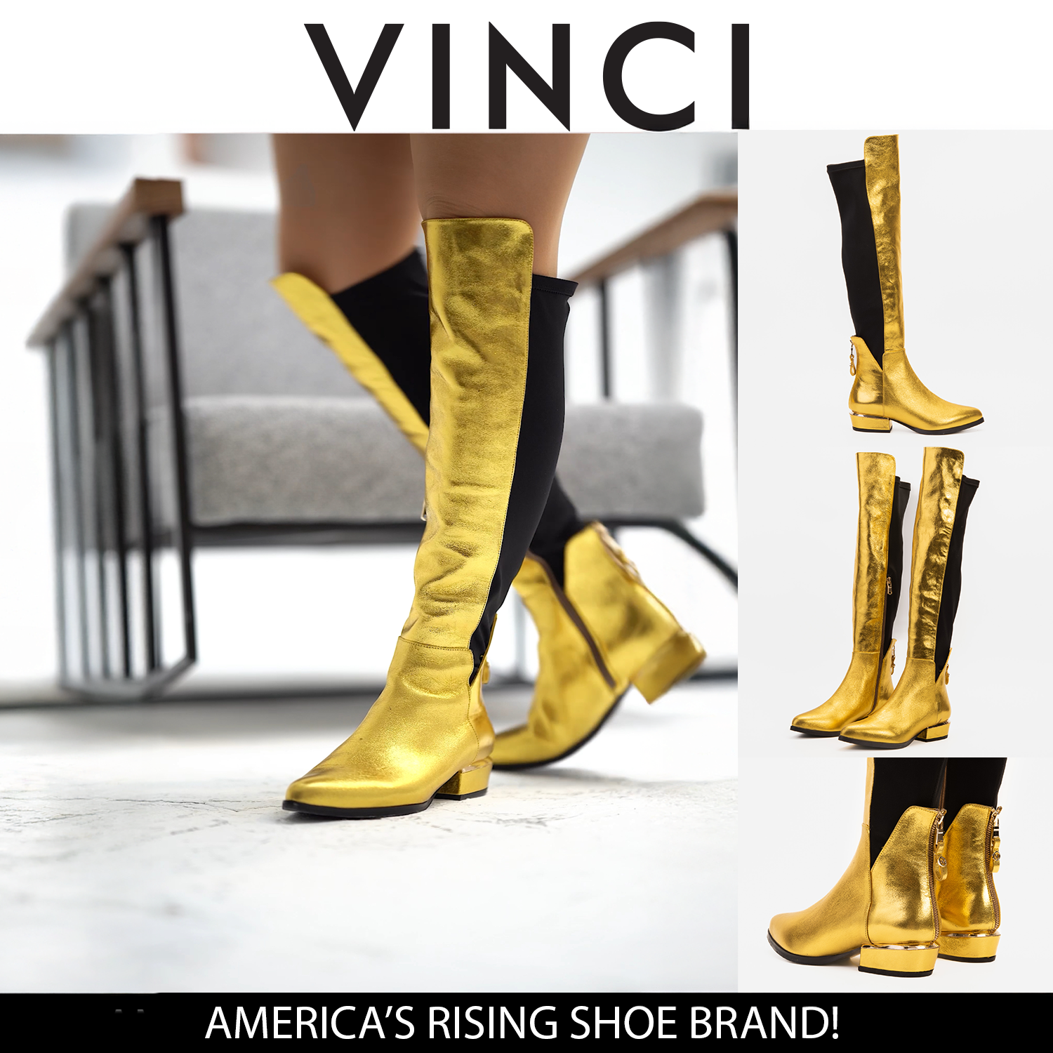 The Fairoks Gold Leather Pointy Toe Knee High Boot On Sale