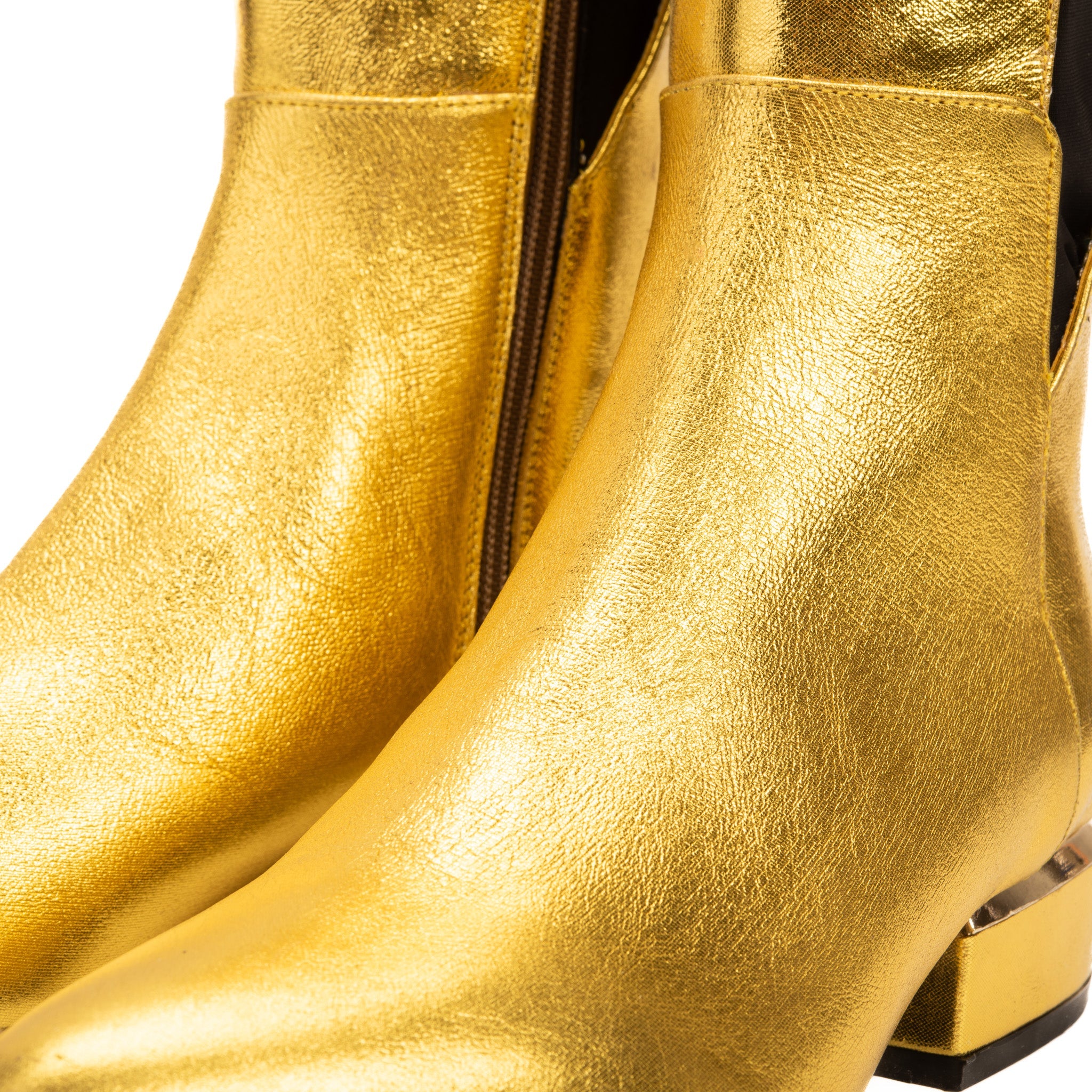 The Fairoks Gold Leather Pointy Toe Knee High Boot On Sale