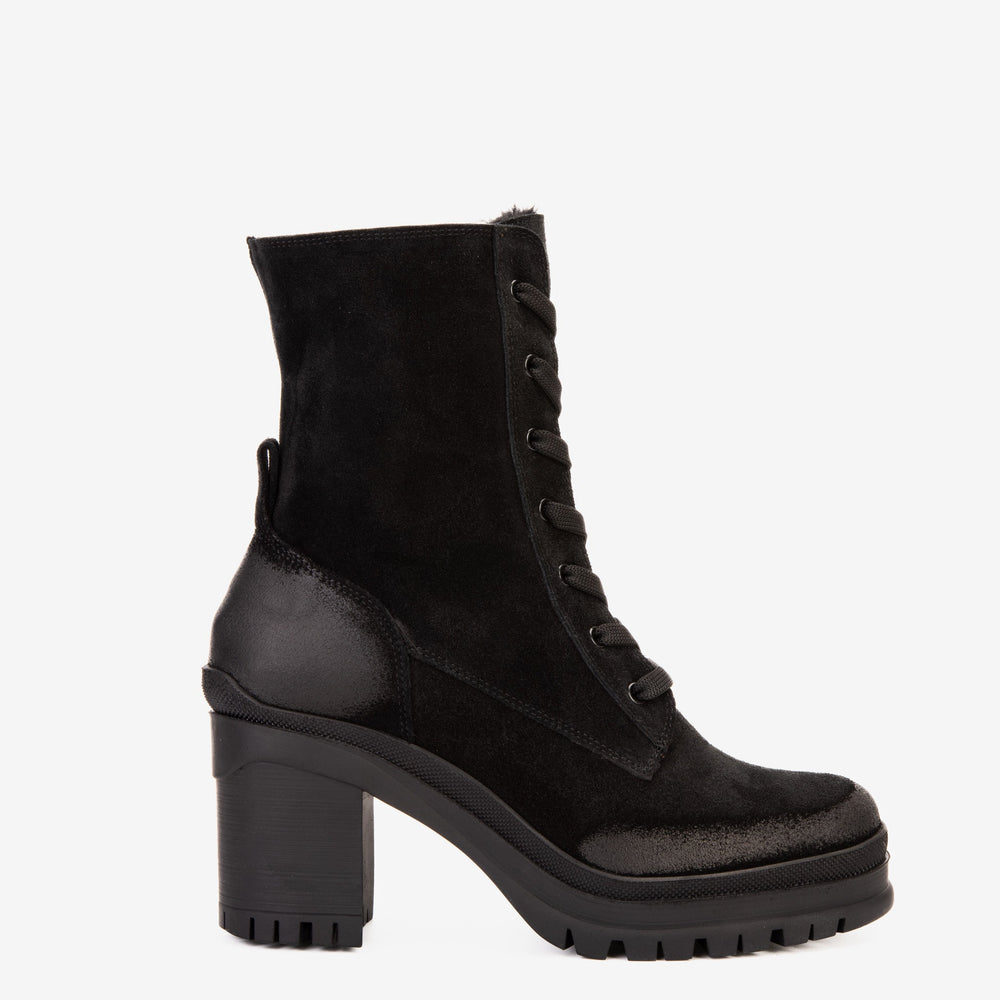 The Elera Black Leather Block Heel Boot For Sale