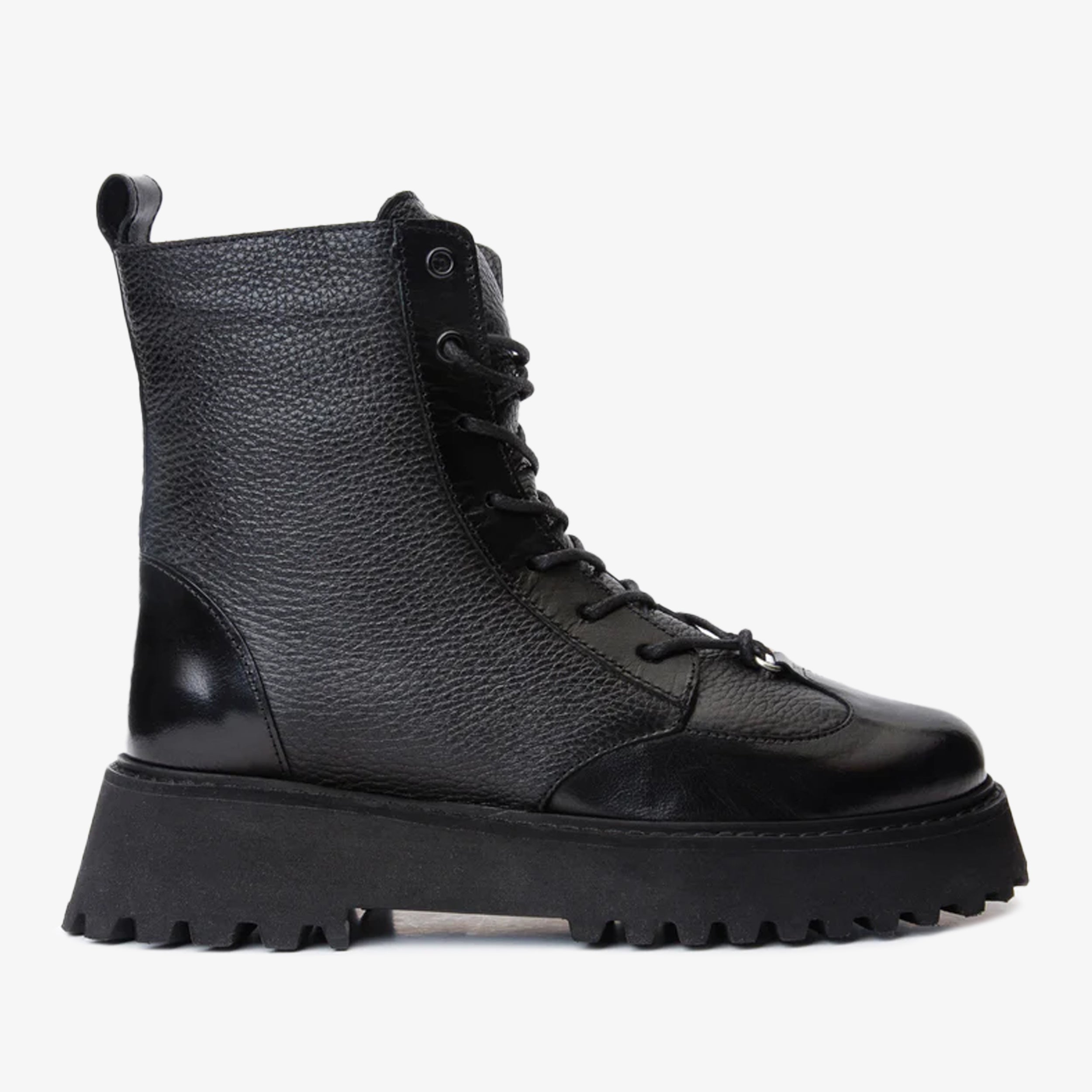The Yildiz Black Leather Lace-Up Ankle  Boot With a Side Zipper Universal Fit
