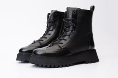 The Yildiz Black Leather Lace-Up Ankle  Boot With a Side Zipper Universal Fit