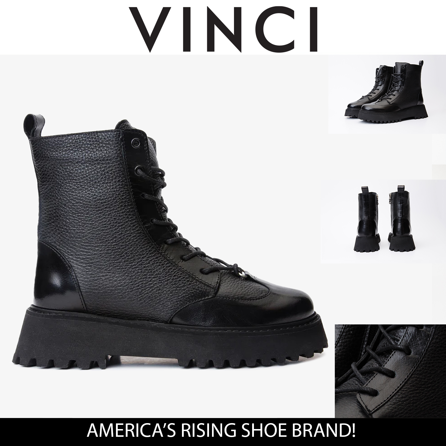 The Yildiz Black Leather Lace-Up Ankle  Boot With a Side Zipper Universal Fit