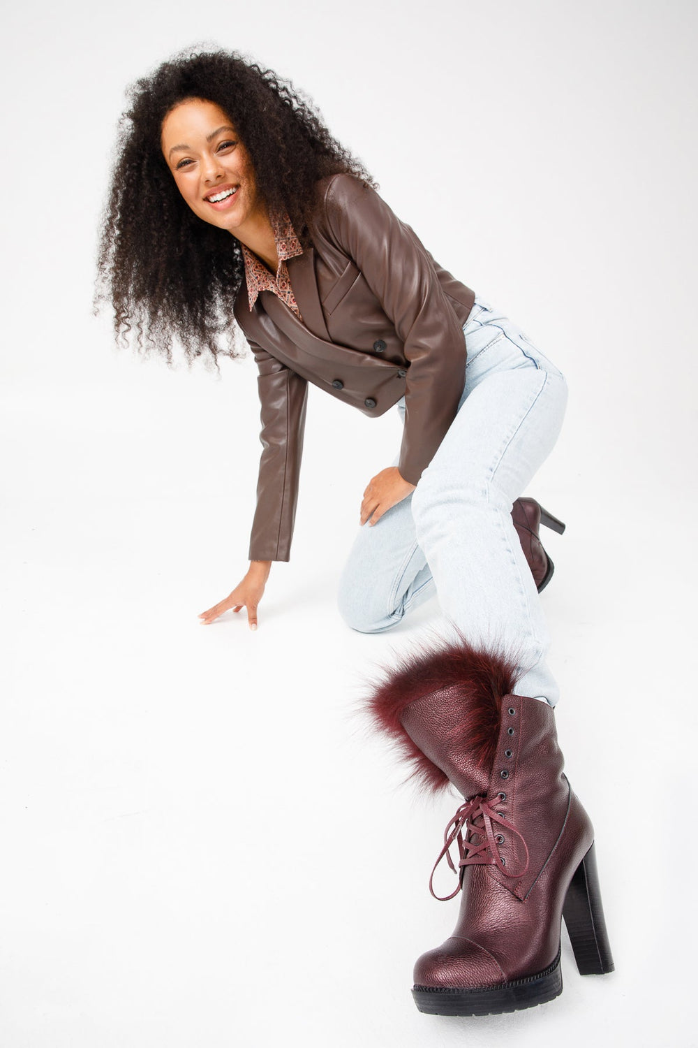 The Melo Burgundy Leather Natural Mid Calf Platform Heel Boot Fine Craftsmanship