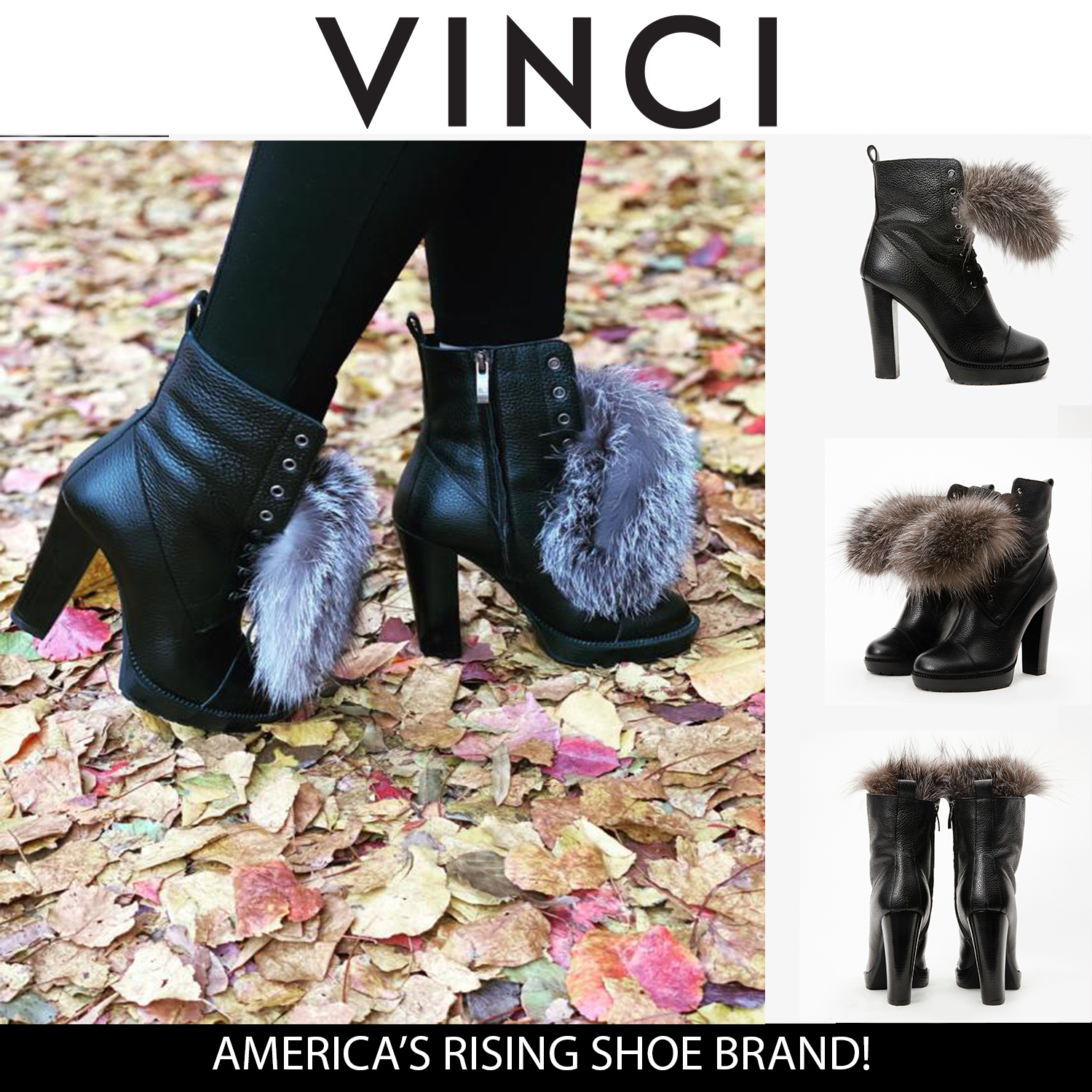 The Melo Black Leather Natural Fur Mid Calf Platform Heel Boot On Sale