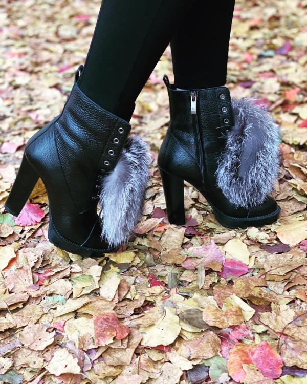 The Melo Black Leather Natural Fur Mid Calf Platform Heel Boot On Sale