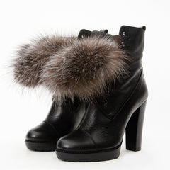 The Melo Black Leather Natural Fur Mid Calf Platform Heel Boot On Sale