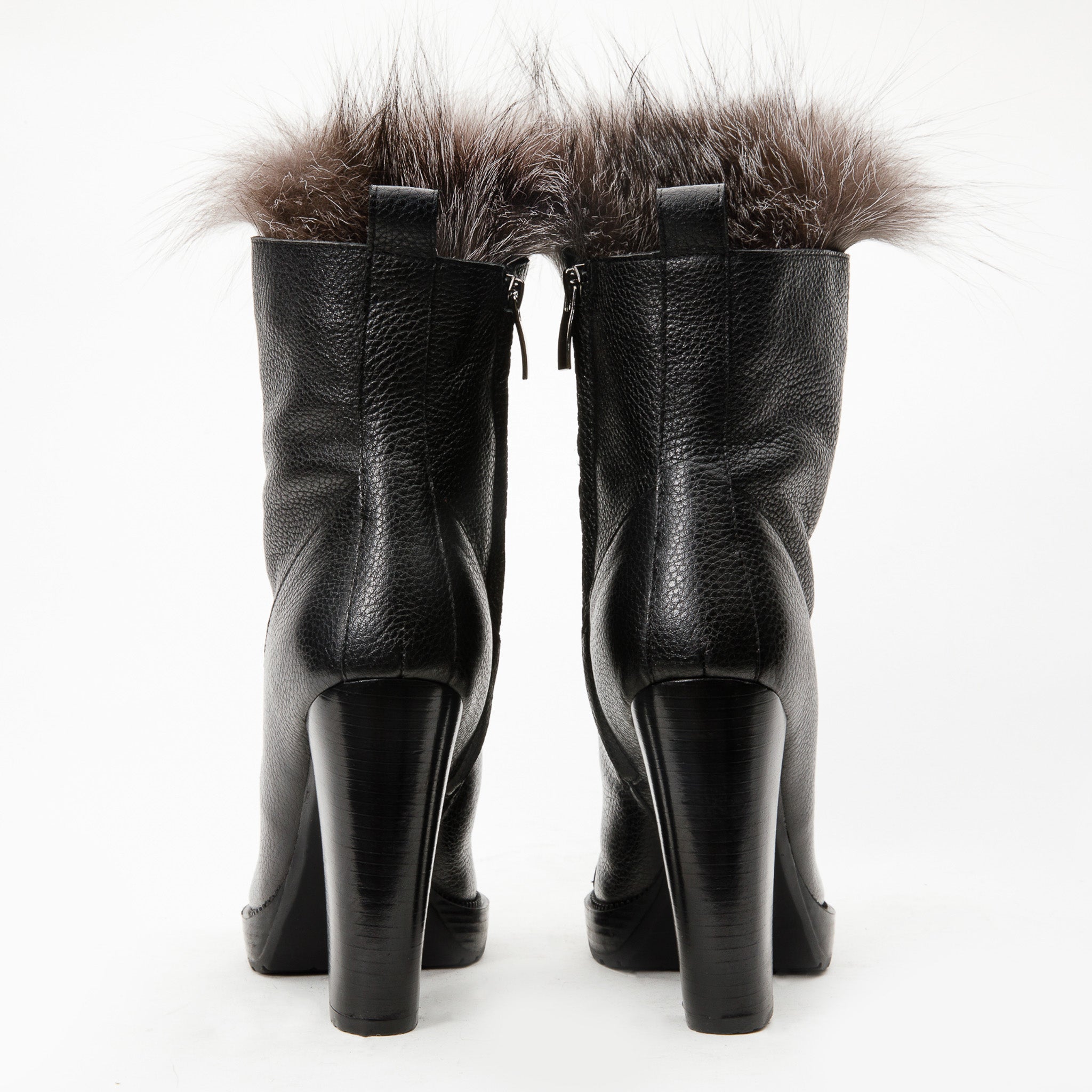 The Melo Black Leather Natural Fur Mid Calf Platform Heel Boot On Sale