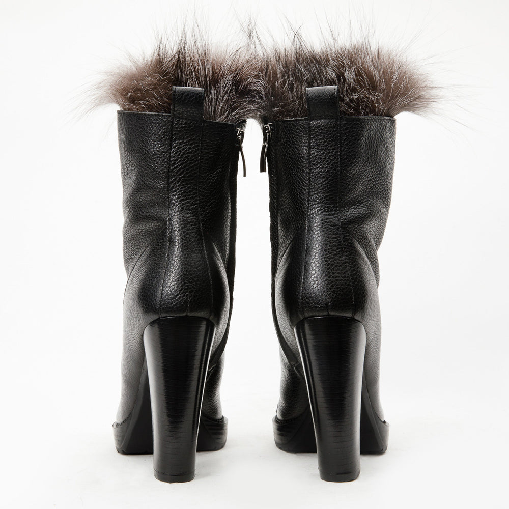 The Melo Black Leather Natural Fur Mid Calf Platform Heel Boot On Sale