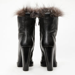 The Melo Black Leather Natural Fur Mid Calf Platform Heel Boot On Sale
