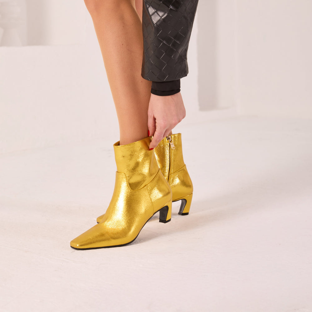 The Golden Glow Gold Leather Kitten Heel Boot For Sale