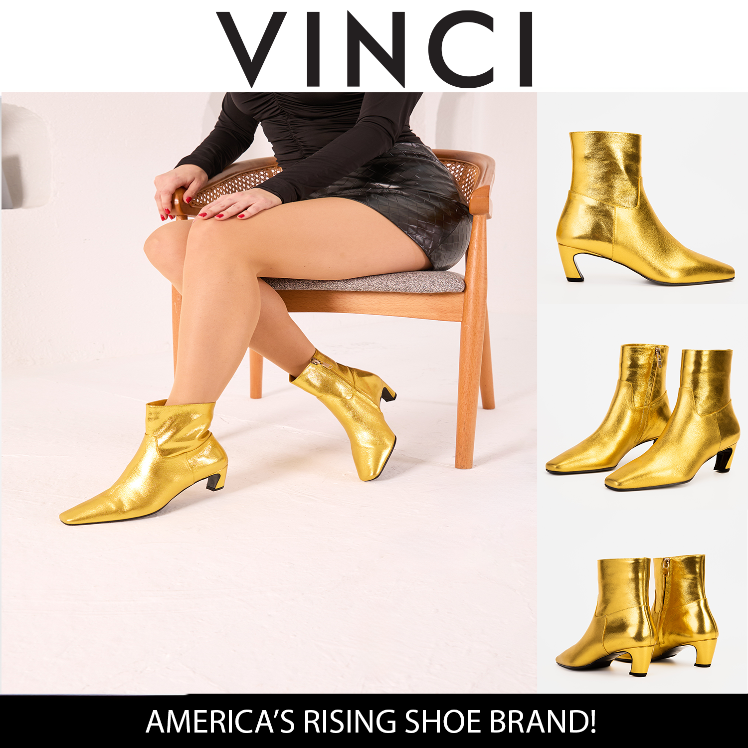The Golden Glow Gold Leather Kitten Heel Boot For Sale