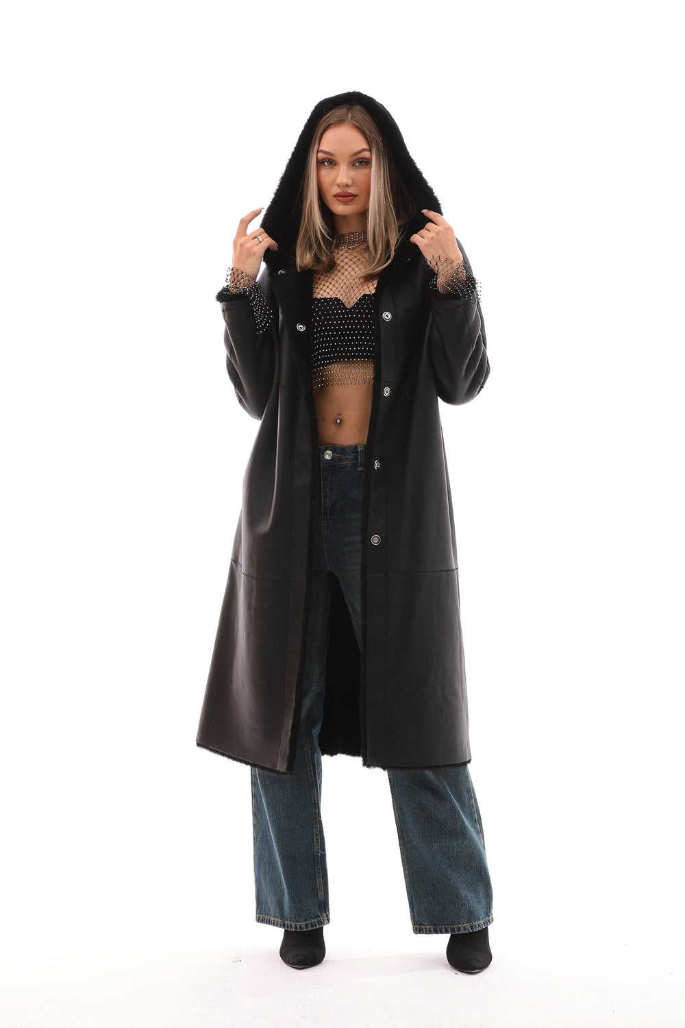 The Virella Reversible Hooded Shearling Leather Jacket On Sale