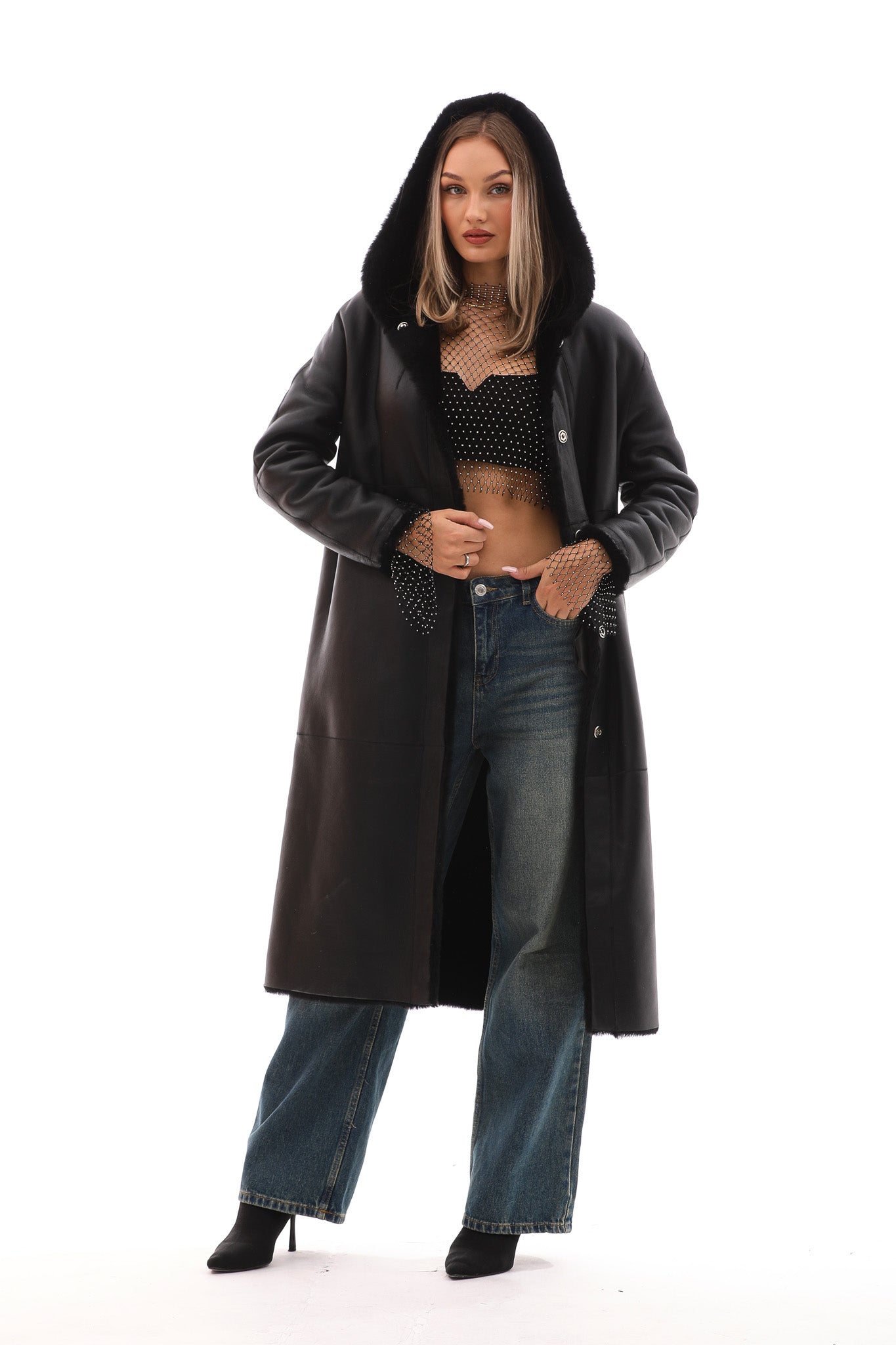 The Virella Reversible Hooded Shearling Leather Jacket On Sale
